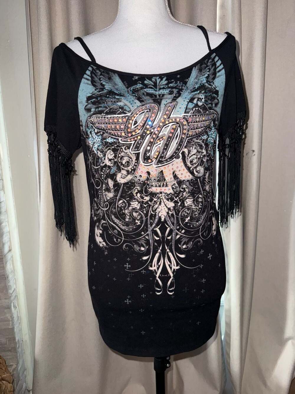 Harley Davidson Rhinestone Fringe Top Size Large Black Graphic Y2K